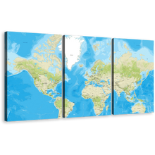 Load image into Gallery viewer, Detailed Map Canvas Print, Abstract Flat World Canvas Multiple Canvas, Blue Green World Map 3 Piece Canvas Wall Art
