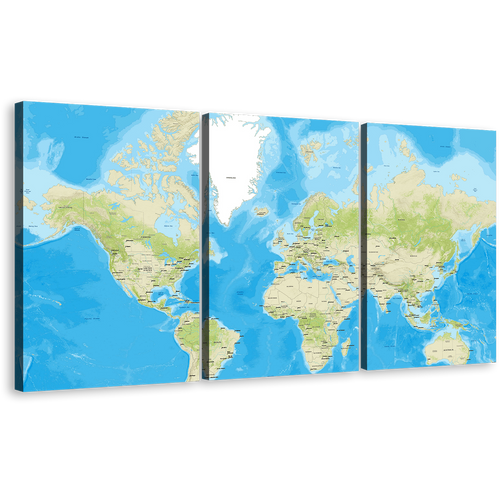 Detailed Map Canvas Print, Abstract Flat World Canvas Multiple Canvas, Blue Green World Map 3 Piece Canvas Wall Art