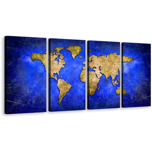 Detailed Map Canvas Wall Art, Blue Globe Abstract World Map 4 Piece Canvas Set, Yellow Flat World Canvas Print