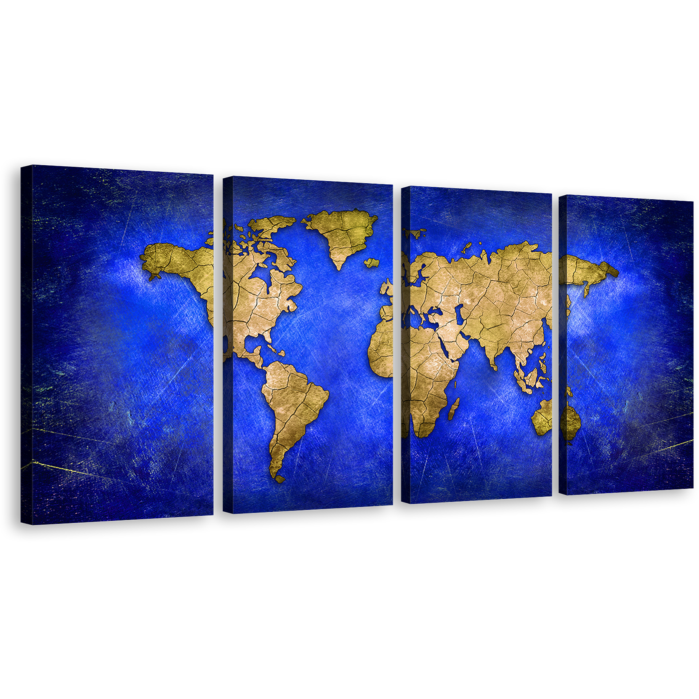 Detailed Map Canvas Wall Art, Blue Globe Abstract World Map 4 Piece Canvas Set, Yellow Flat World Canvas Print