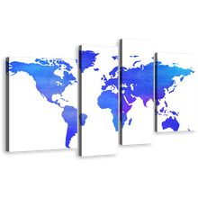 Load image into Gallery viewer, Detailed Map Canvas Wall Art, Blue Purple World Map Digital Canvas Art, Abstract World 4 Piece Multi Canvas
