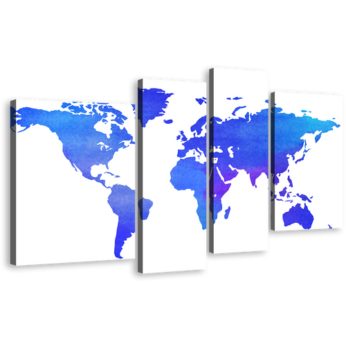 Detailed Map Canvas Wall Art, Blue Purple World Map Digital Canvas Art, Abstract World 4 Piece Multi Canvas