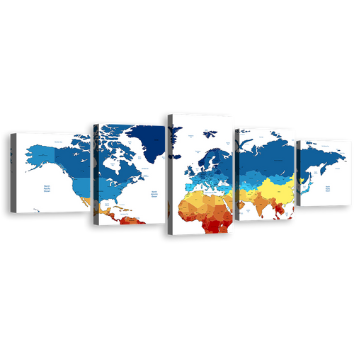 Detailed Map Canvas Wall Art, Colorful Map of Continents 5 Piece Canvas, World Map Digital Canvas Art, Flat World Multiple Canvas