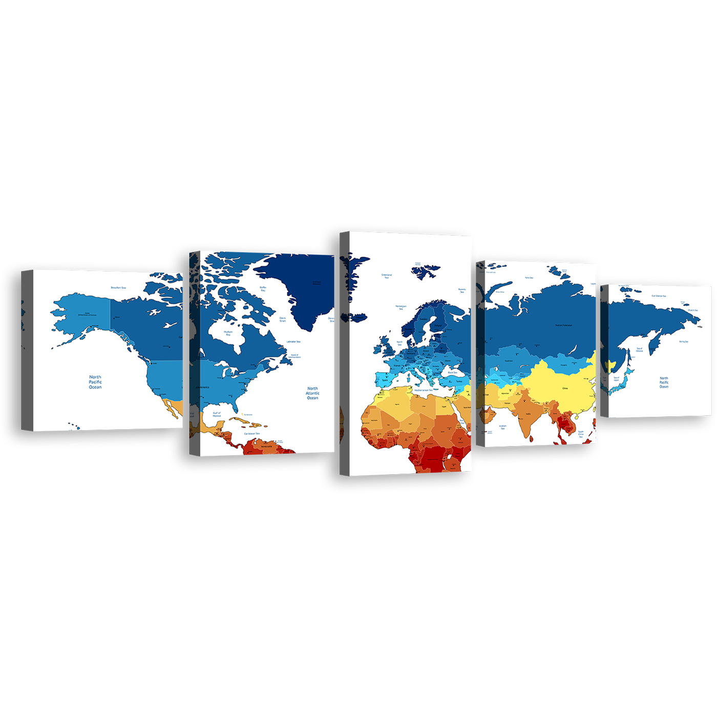 Detailed Map Canvas Wall Art, Colorful Map of Continents 5 Piece Canvas, World Map Digital Canvas Art, Flat World Multiple Canvas