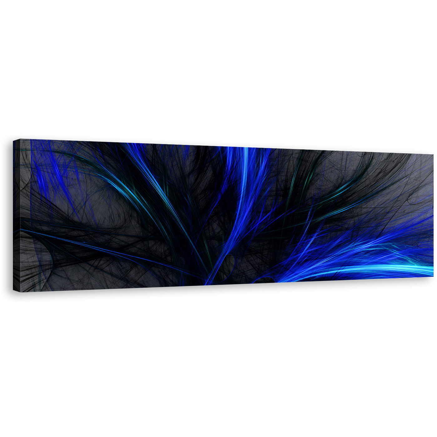 Digital Abstract Canvas Print, Blue 3D Abstract Fractal Bright 1 Piece Canvas Wall Art, Black Abstract Graphics Wide Canvas