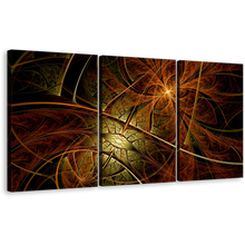 Load image into Gallery viewer, Digital Abstract Canvas Wall Art, Brown Yellow Design 3 Piece Canvas Print, Fractal Flower Triptych Multiple Canvas
