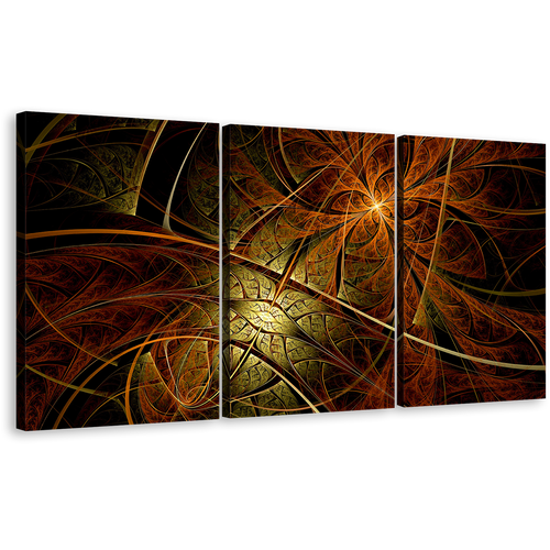 Digital Abstract Canvas Wall Art, Brown Yellow Design 3 Piece Canvas Print, Fractal Flower Triptych Multiple Canvas