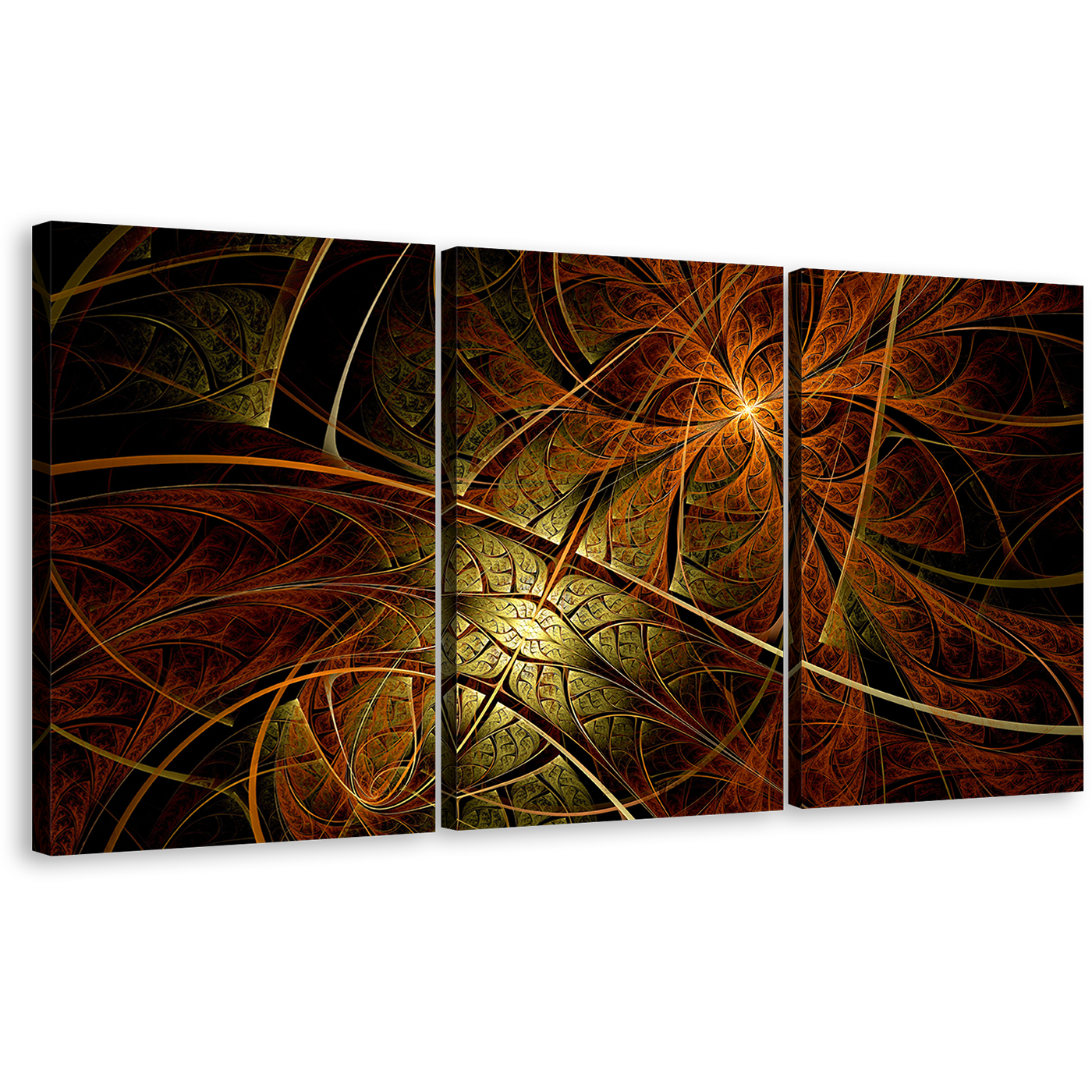 Digital Abstract Canvas Wall Art, Brown Yellow Design 3 Piece Canvas Print, Fractal Flower Triptych Multiple Canvas