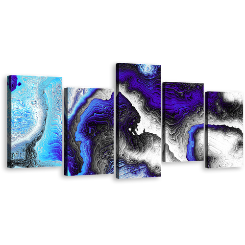 Digital Fractal Wall Art, Blue Abstract Liquid Canvas Print, Black Abstract Liquid Texture 5 Piece Multiple Canvas