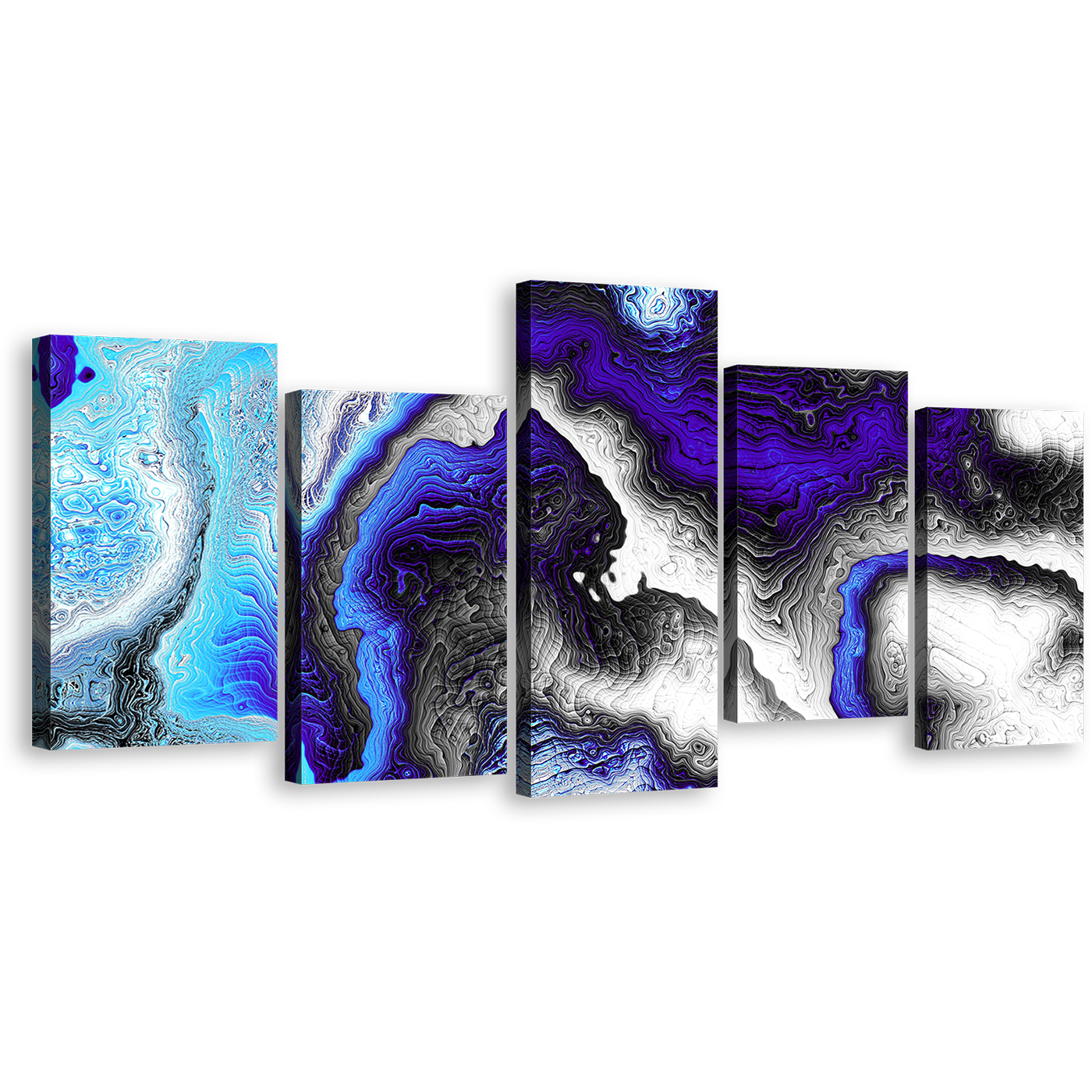 Digital Fractal Wall Art, Blue Abstract Liquid Canvas Print, Black Abstract Liquid Texture 5 Piece Multiple Canvas