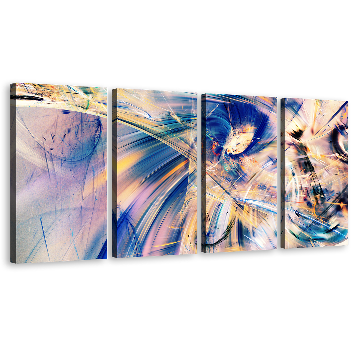 Digital Painting Canvas Wall Art, Blue White Abstract Art Print, Abstract Fractal 4 Piece Multi Canvas Artwork