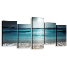 Load image into Gallery viewer, Digue Island Canvas Wall Art, Seychelles Grey Ocean Sky 5 Piece Multiple Canvas, Blue Seascape Beach Sand Canvas Print
