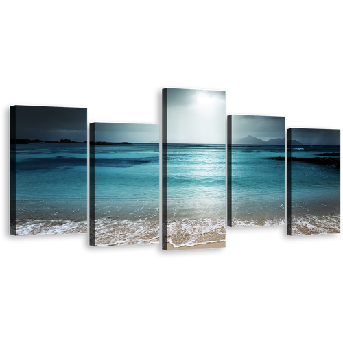 Digue Island Canvas Wall Art, Seychelles Grey Ocean Sky 5 Piece Multiple Canvas, Blue Seascape Beach Sand Canvas Print