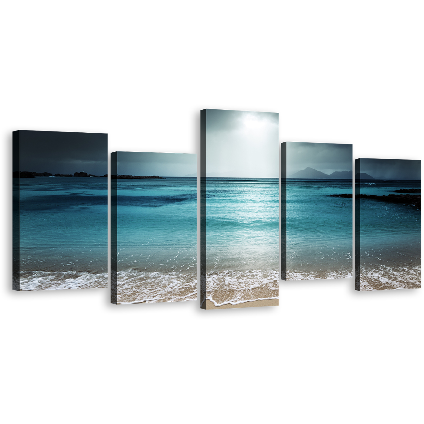 Digue Island Canvas Wall Art, Seychelles Grey Ocean Sky 5 Piece Multiple Canvas, Blue Seascape Beach Sand Canvas Print