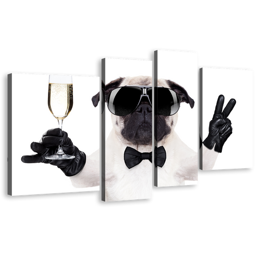 Dog Animal Canvas Wall Art, Dog With Glasses Multi Canvas Artwork, Black White Funny Dog 4 Piece Canvas Print