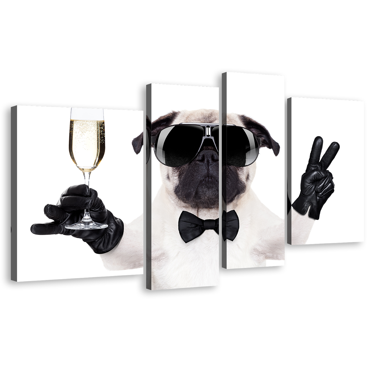 Dog Animal Canvas Wall Art, Dog With Glasses Multi Canvas Artwork, Black White Funny Dog 4 Piece Canvas Print