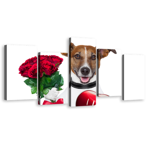 Dog Rose Canvas Wall Art, Dog Holding Red Heart 5 Piece Canvas, Brown Romantic Dog Canvas Print