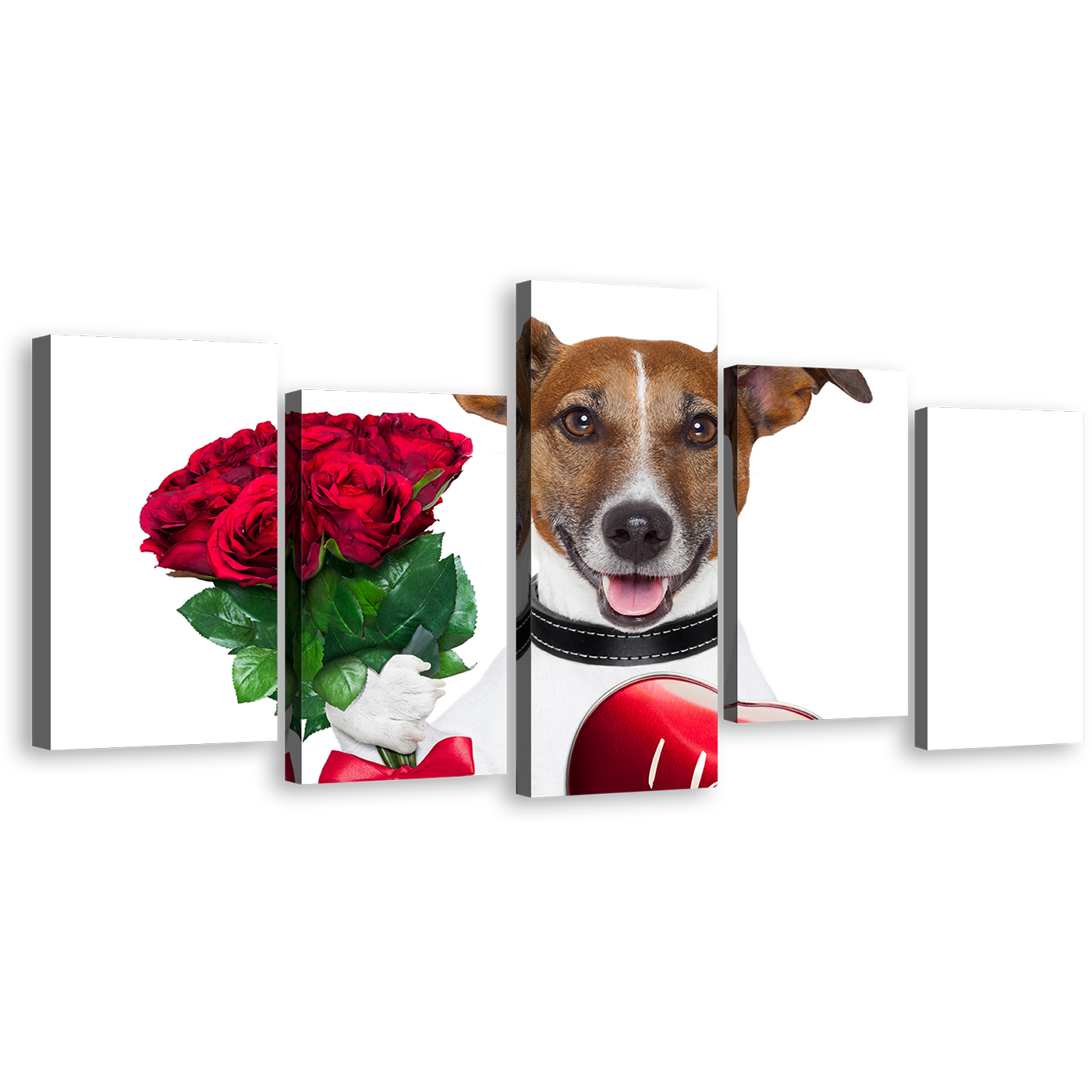 Dog Rose Canvas Wall Art, Dog Holding Red Heart 5 Piece Canvas, Brown Romantic Dog Canvas Print