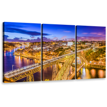 Load image into Gallery viewer, Dom Luis Canvas Print, Amazing Portugal Blue Sky Douro River 3 Piece Canvas Multi-panel Art, Yellow City Bridge Multiple Canvas
