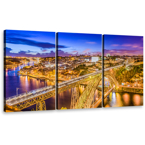 Dom Luis Canvas Print, Amazing Portugal Blue Sky Douro River 3 Piece Canvas Multi-panel Art, Yellow City Bridge Multiple Canvas