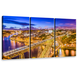 Dom Luis Canvas Print, Amazing Portugal Blue Sky Douro River 3 Piece Canvas Multi-panel Art, Yellow City Bridge Multiple Canvas