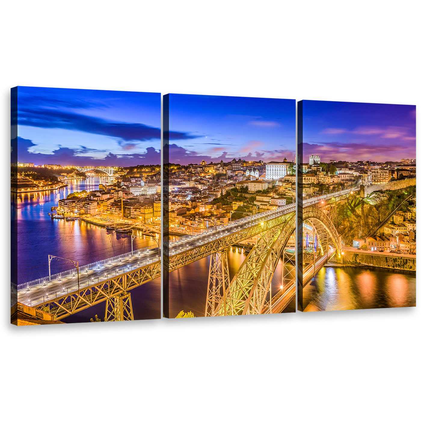 Dom Luis Canvas Print, Amazing Portugal Blue Sky Douro River 3 Piece Canvas Multi-panel Art, Yellow City Bridge Multiple Canvas