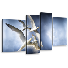 Load image into Gallery viewer, Dove Flock Wall Art, Graceful Flight of White Birds 4 Piece Multiple Canvas, Tranquil Blue Sky Canvas Print
