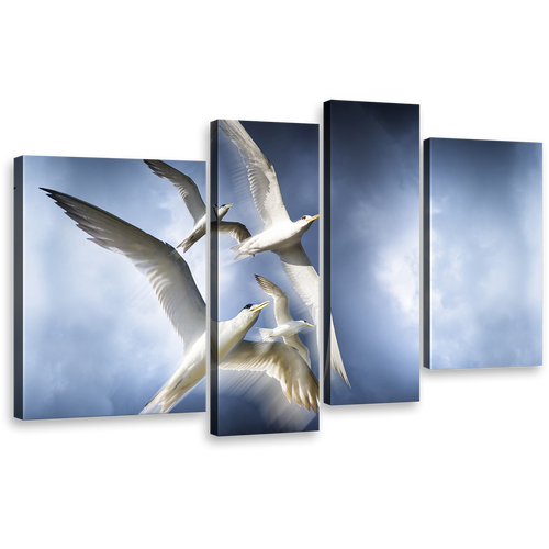 Dove Flock Wall Art, Graceful Flight of White Birds 4 Piece Multiple Canvas, Tranquil Blue Sky Canvas Print