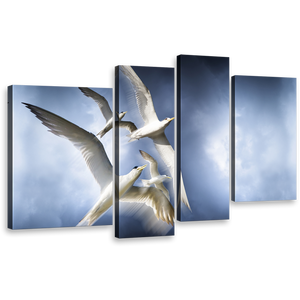 Dove Flock Wall Art, Graceful Flight of White Birds 4 Piece Multiple Canvas, Tranquil Blue Sky Canvas Print