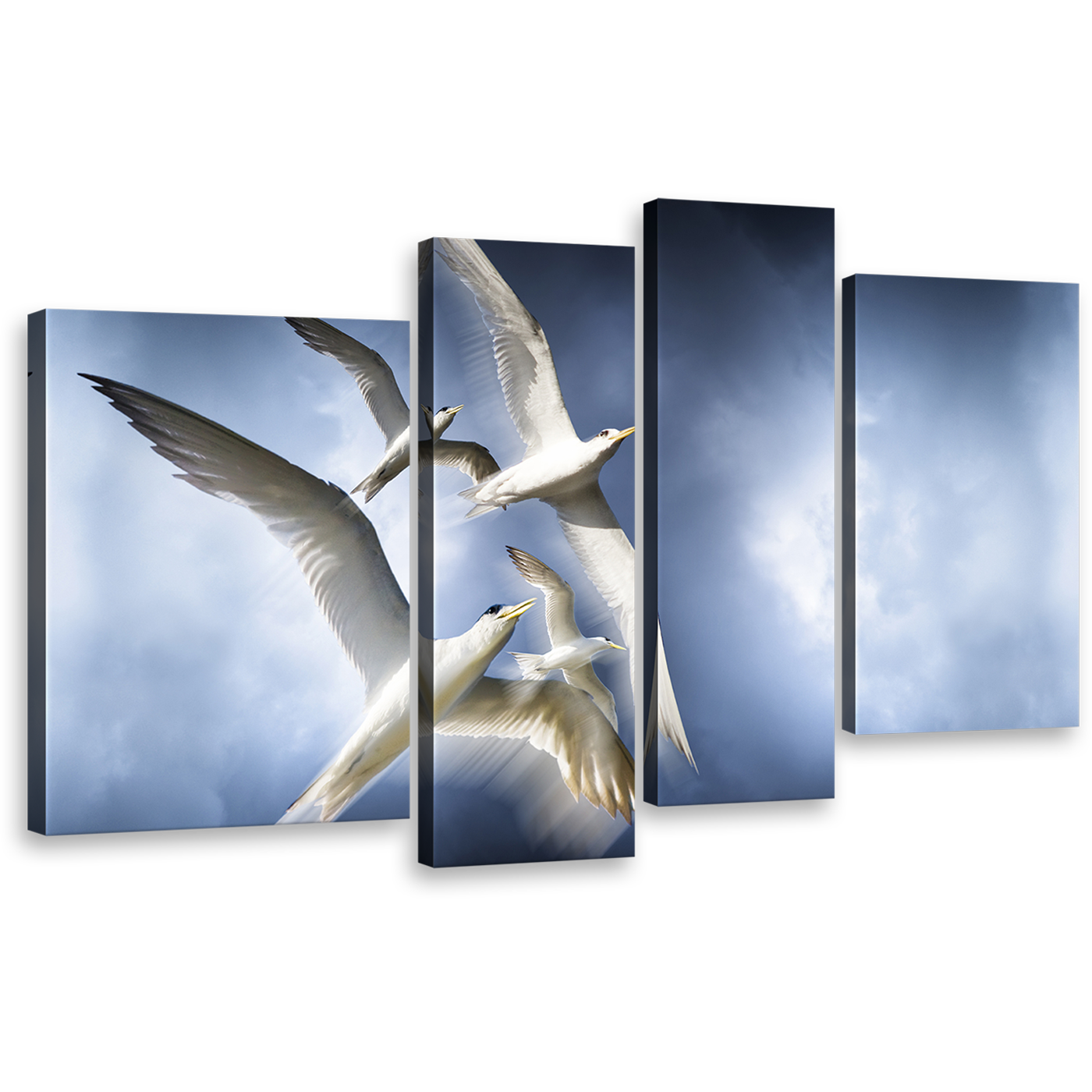 Dove Flock Wall Art, Graceful Flight of White Birds 4 Piece Multiple Canvas, Tranquil Blue Sky Canvas Print