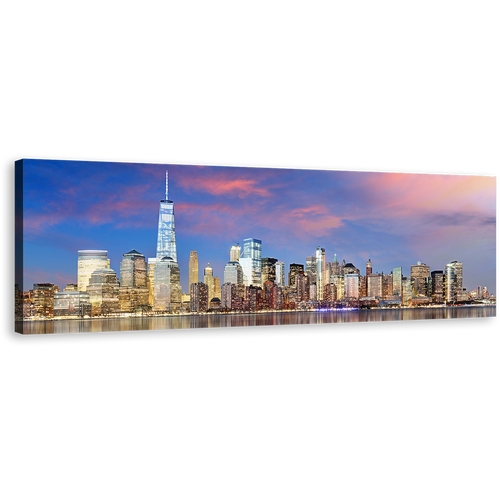 Downtown Manhattan Canvas Print, Blue Cloudy Sky NYC Skyline 1 Piece Canvas Wall Art, Yellow New York City Canvas Artwork