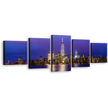 Load image into Gallery viewer, Downtown Manhattan Canvas Print, Blue Purple NYC Skyline 5 Piece Canvas Wall Art, Black New York at Night Multi Canvas
