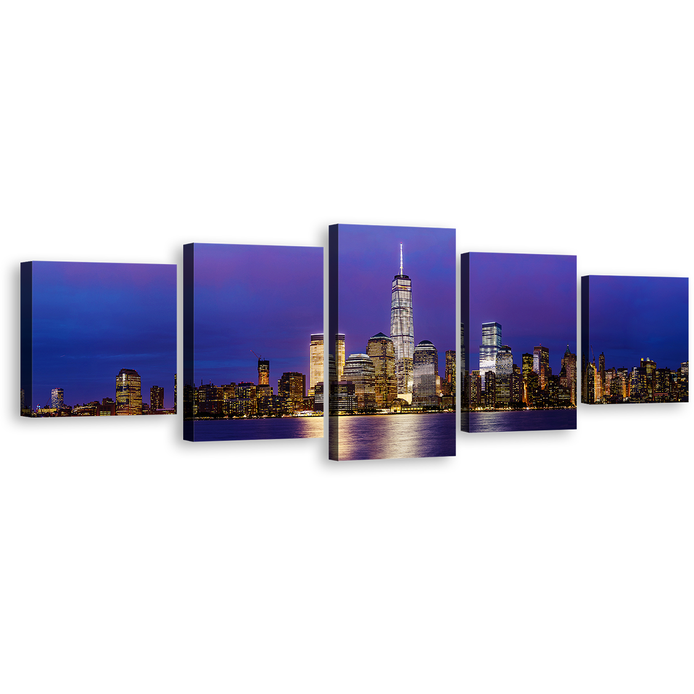 Downtown Manhattan Canvas Print, Blue Purple NYC Skyline 5 Piece Canvas Wall Art, Black New York at Night Multi Canvas