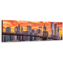 Load image into Gallery viewer, Downtown NYC Canvas Wall Art, Orange Yellow Dramatic Clouds Cityscape Canvas Artwork, Brown Brooklyn Bridge Panoramic Canvas Print
