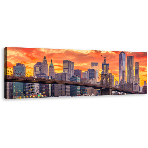 Downtown NYC Canvas Wall Art, Orange Yellow Dramatic Clouds Cityscape Canvas Artwork, Brown Brooklyn Bridge Panoramic Canvas Print