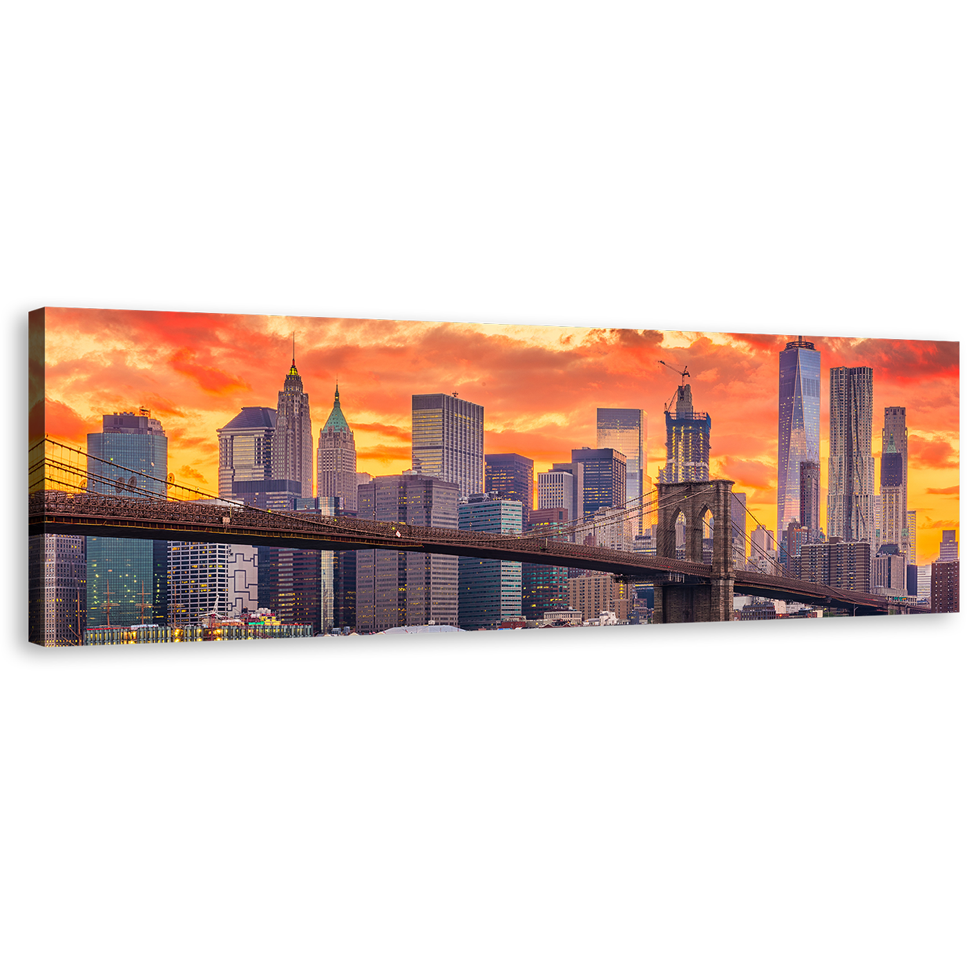 Downtown NYC Canvas Wall Art, Orange Yellow Dramatic Clouds Cityscape Canvas Artwork, Brown Brooklyn Bridge Panoramic Canvas Print