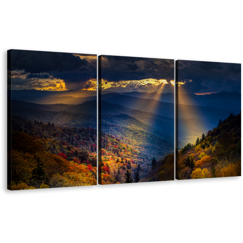 Dramatic Clouds Canvas Print, Blue Smoky Mountains Landscape 3 Piece Wall Art, Yellow Sunbeams Mountain Scenery Canvas Art