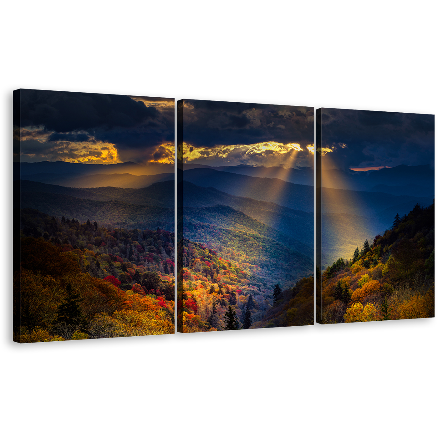 Dramatic Clouds Canvas Print, Blue Smoky Mountains Landscape 3 Piece Wall Art, Yellow Sunbeams Mountain Scenery Canvas Art