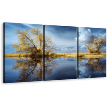 Load image into Gallery viewer, Dramatic Clouds Canvas Print, Green Trees Water Reflection Scenery 3 Piece Canvas Wall Art, Blue Sky Lake Scenery Split Canvas
