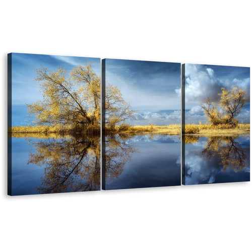 Dramatic Clouds Canvas Print, Green Trees Water Reflection Scenery 3 Piece Canvas Wall Art, Blue Sky Lake Scenery Split Canvas