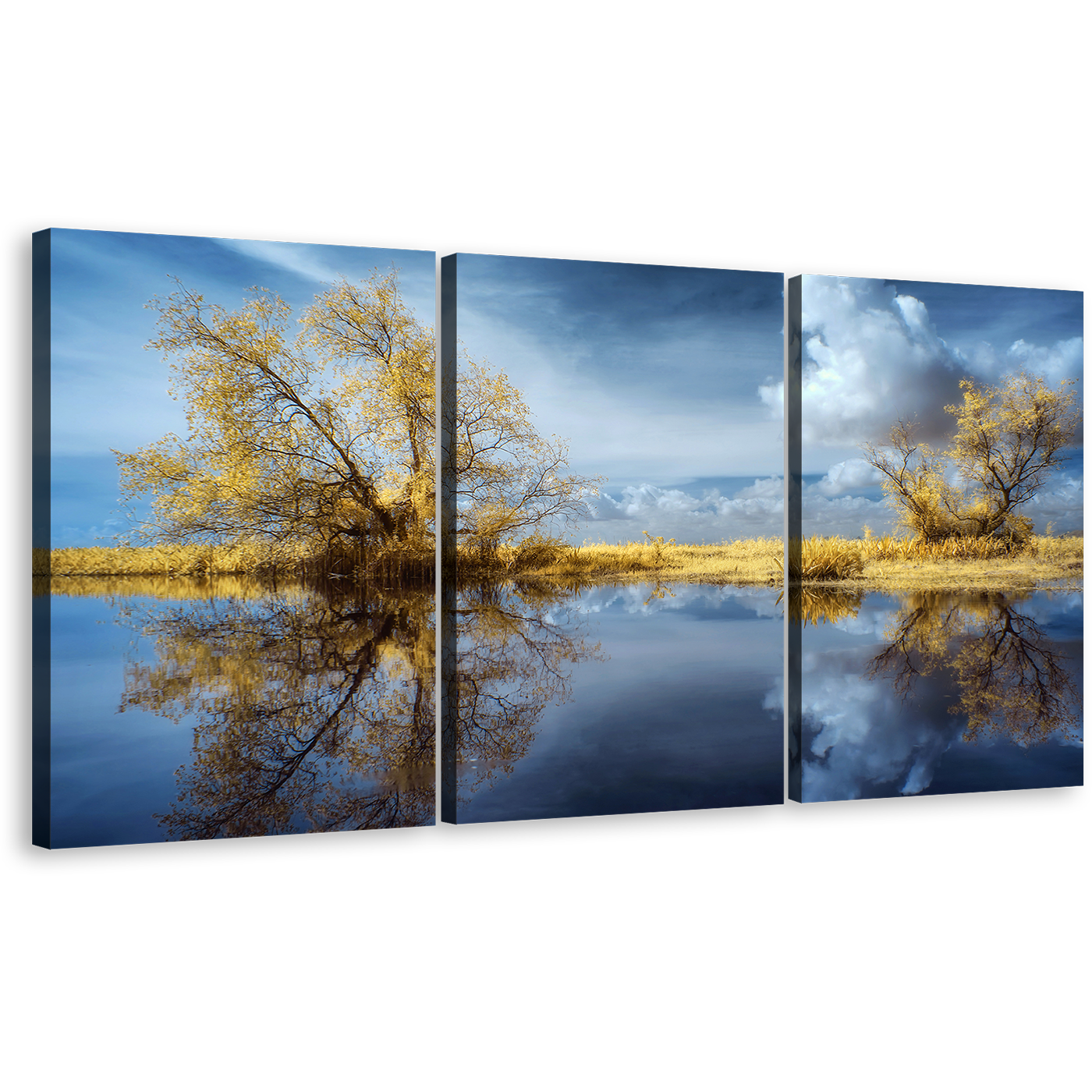 Dramatic Clouds Canvas Print, Green Trees Water Reflection Scenery 3 Piece Canvas Wall Art, Blue Sky Lake Scenery Split Canvas