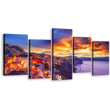 Load image into Gallery viewer, Dramatic Clouds Canvas Print, Oia Yellow Sunset Sky Santorini Island Multi Canvas, Purple Greece Houses 5 Piece Wall Art
