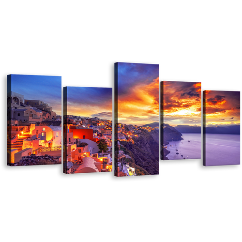 Dramatic Clouds Canvas Print, Oia Yellow Sunset Sky Santorini Island Multi Canvas, Purple Greece Houses 5 Piece Wall Art