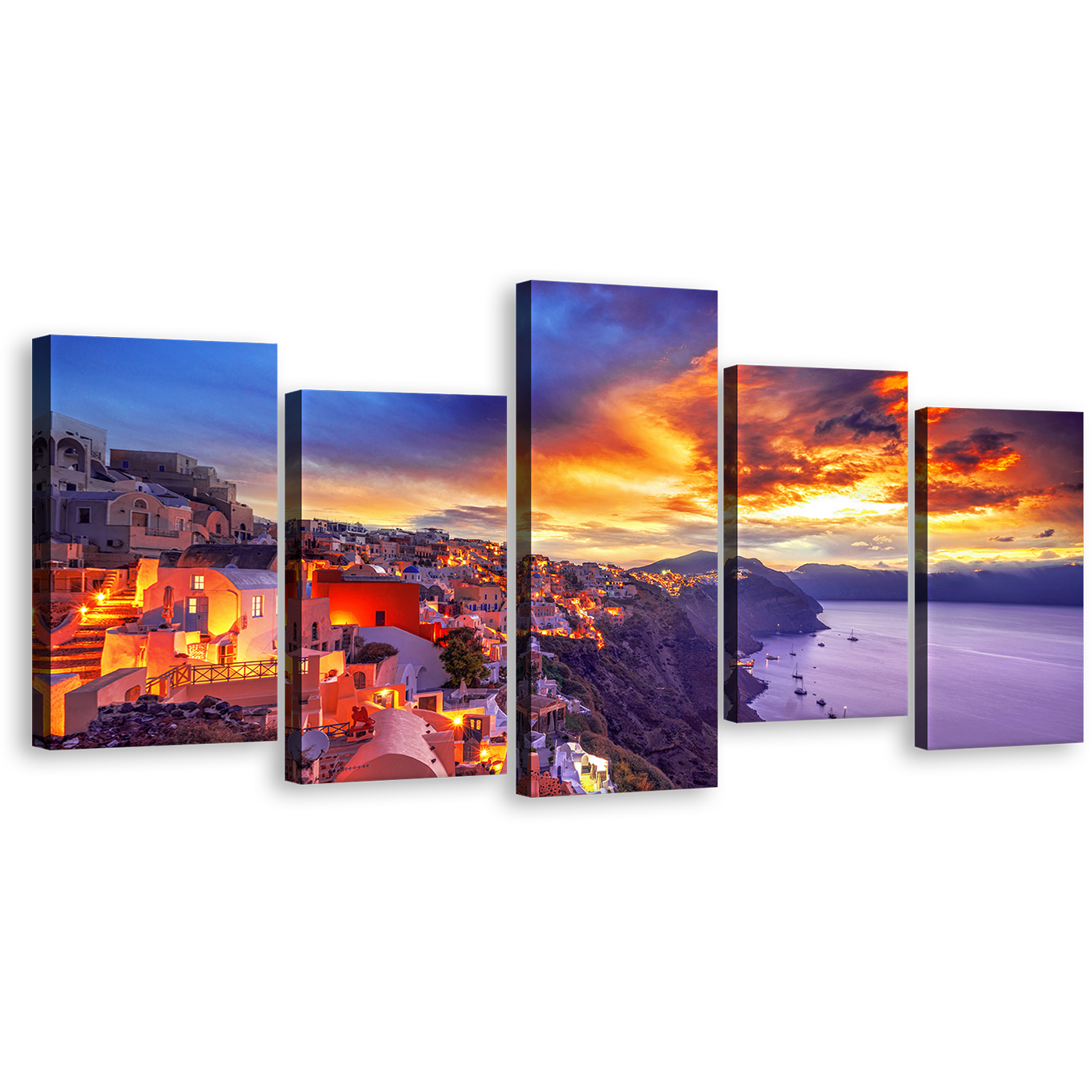 Dramatic Clouds Canvas Print, Oia Yellow Sunset Sky Santorini Island Multi Canvas, Purple Greece Houses 5 Piece Wall Art