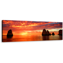 Load image into Gallery viewer, Dramatic Clouds Canvas Print, Orange Ocean Rocks Boulders Panoramic Wall Art, Yellow Cliffs Sea Sunset Sky Canvas Art
