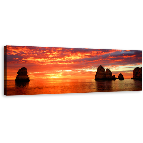 Dramatic Clouds Canvas Print, Orange Ocean Rocks Boulders Panoramic Wall Art, Yellow Cliffs Sea Sunset Sky Canvas Art