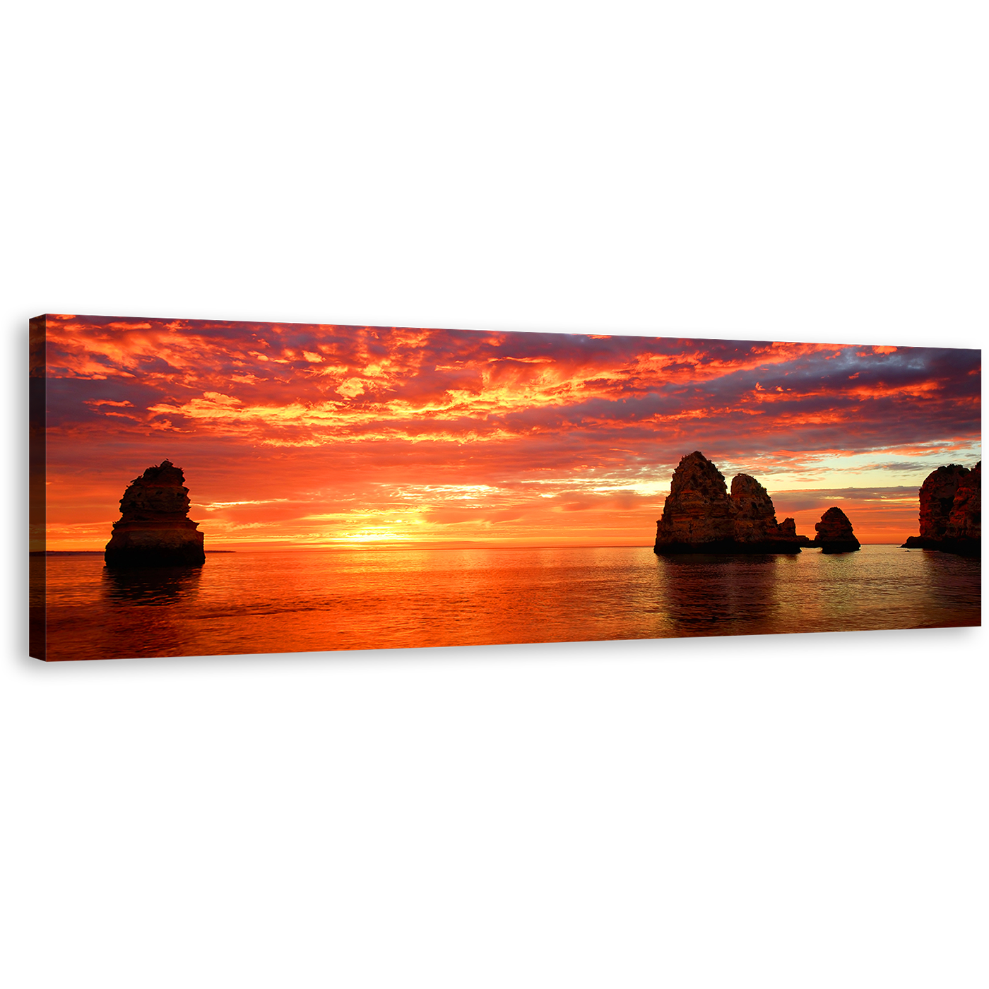 Dramatic Clouds Canvas Print, Orange Ocean Rocks Boulders Panoramic Wall Art, Yellow Cliffs Sea Sunset Sky Canvas Art