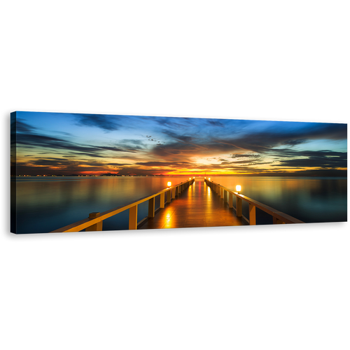 Dramatic Clouds Canvas Print, Orange Wooden Bridge Canvas Art, Blue Yellow Sunset Sky Sea Panoramic Wall Art