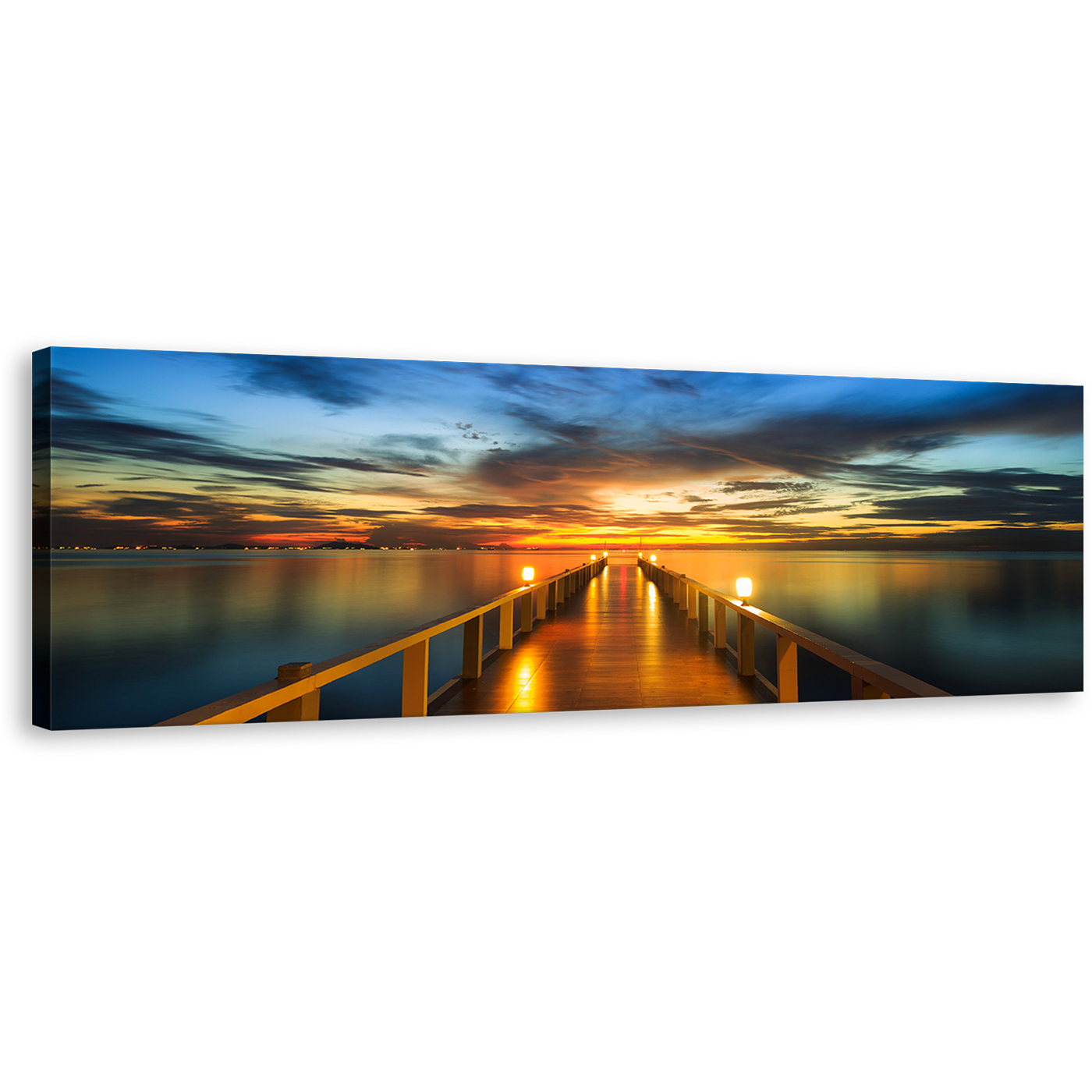 Dramatic Clouds Canvas Print, Orange Wooden Bridge Canvas Art, Blue Yellow Sunset Sky Sea Panoramic Wall Art