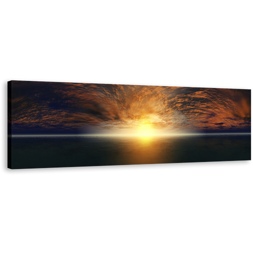 Dramatic Clouds Canvas Print, Yellow Sunset Ocean Panorama Canvas Wall Art, Blue Sky Ocean Wide Canvas